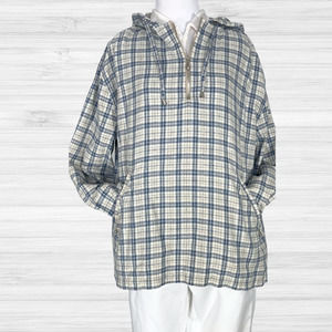 Lemon Grass MEDIUM Blue Plaid 1/4 Zip Hoodie Boho Shirt Jacket w/Cuffs & Pockets
